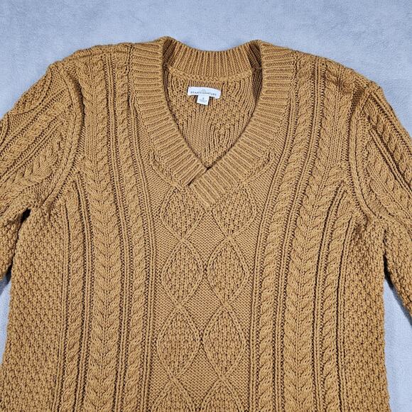 LL Bean Signature Sweater Womens Small Cable Knit Fisherman Tunic V-Neck Mustard - Picture 2 of 11